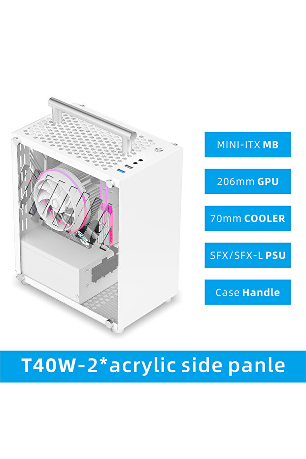 حافظة T40 Mini ITX من METALFISH ACR باللون الأبيض T40، لوحة جانبية من الأكريليك أو الشبكة، سعة 7 لتر، مع مقبض محمول