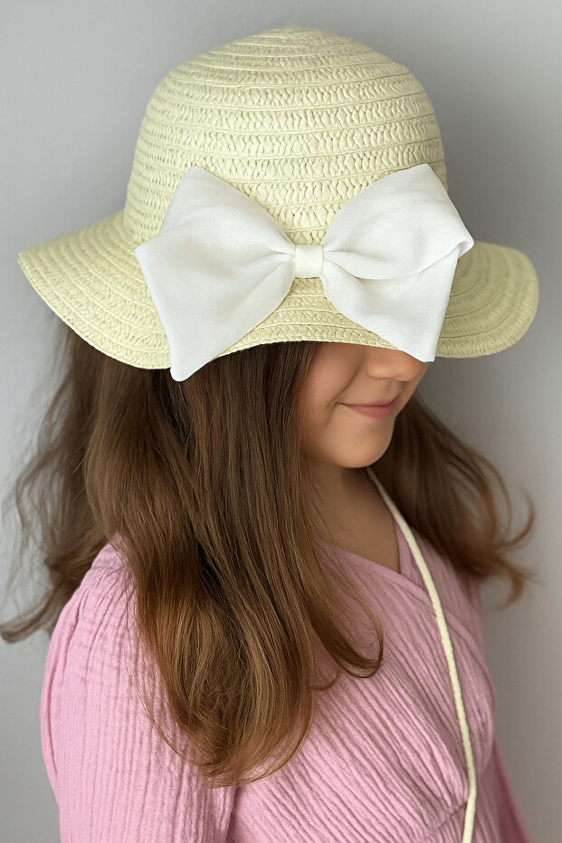 Girl's Straw Bucket Hat with White Bow Detail