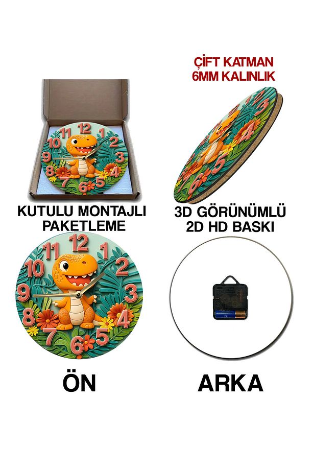 Sessiz Yuvarlak Ahşap Duvar Saati, Kuvars Hareketli 3d Görünümlü 2d Saat Sdw Çocuk Odası - 7
