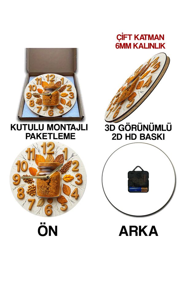 Zamanın Baharatı – Kavanoz Temalı Sessiz Yuvarlak Ahşap Duvar Saati, Kuvars Coffe Desen 2d Sdw209 - 6
