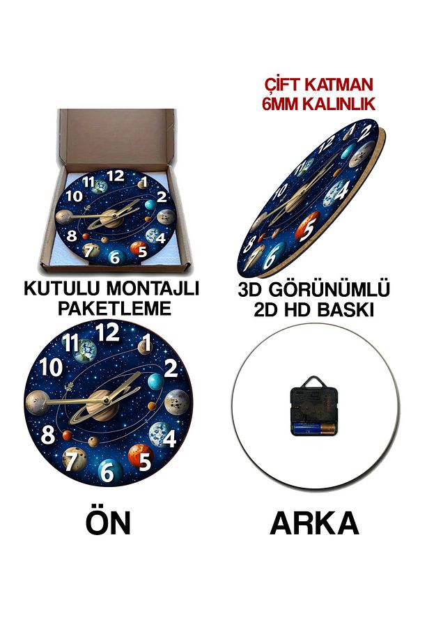 Gezegen Temalı MDF Duvar Saati – 33 cm, 3D Görünümlü, 2D HD Baskı, Sessiz Mekanizma sdw234 - 7