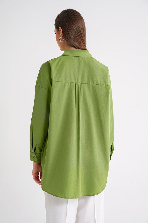 4053 Kadın Tek Cepli Oversize Basic Gömlek Yeşil - 6