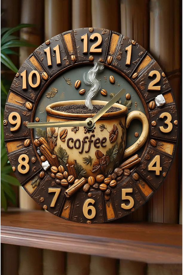 Coffee Time – Kahve Temalı MDF Duvar Saati | 3D Görünümlü Sessiz Mekanizma Sdw223 - 1