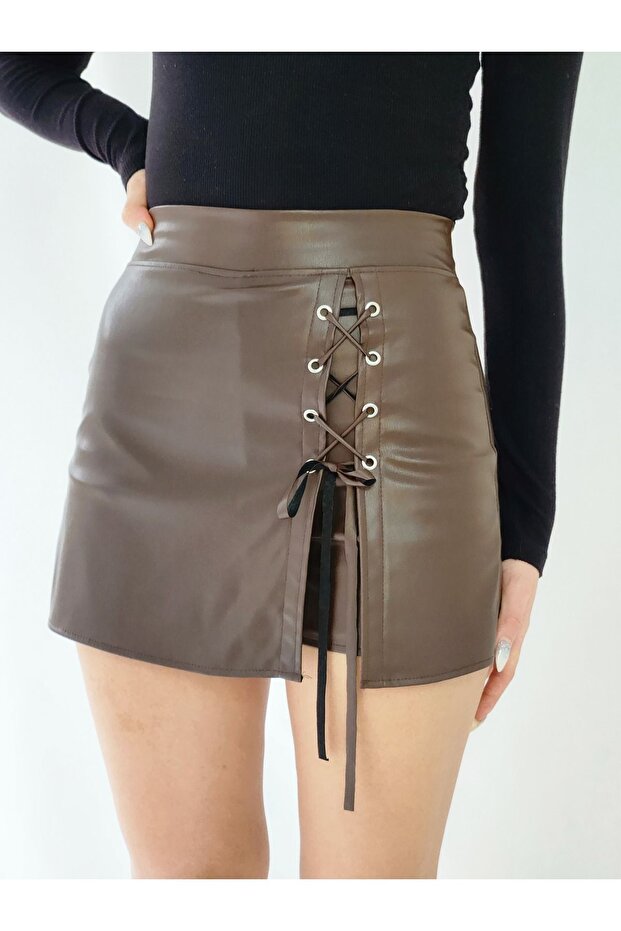 BAĞCIKLI KAHVE  DERİ ŞORT ETEK - 5