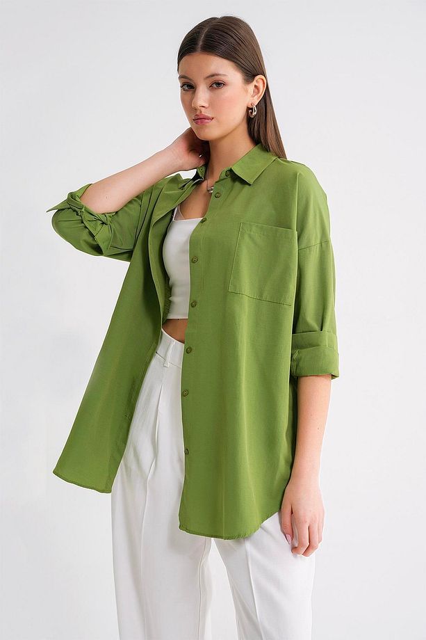 4053 Kadın Tek Cepli Oversize Basic Gömlek Yeşil - 3