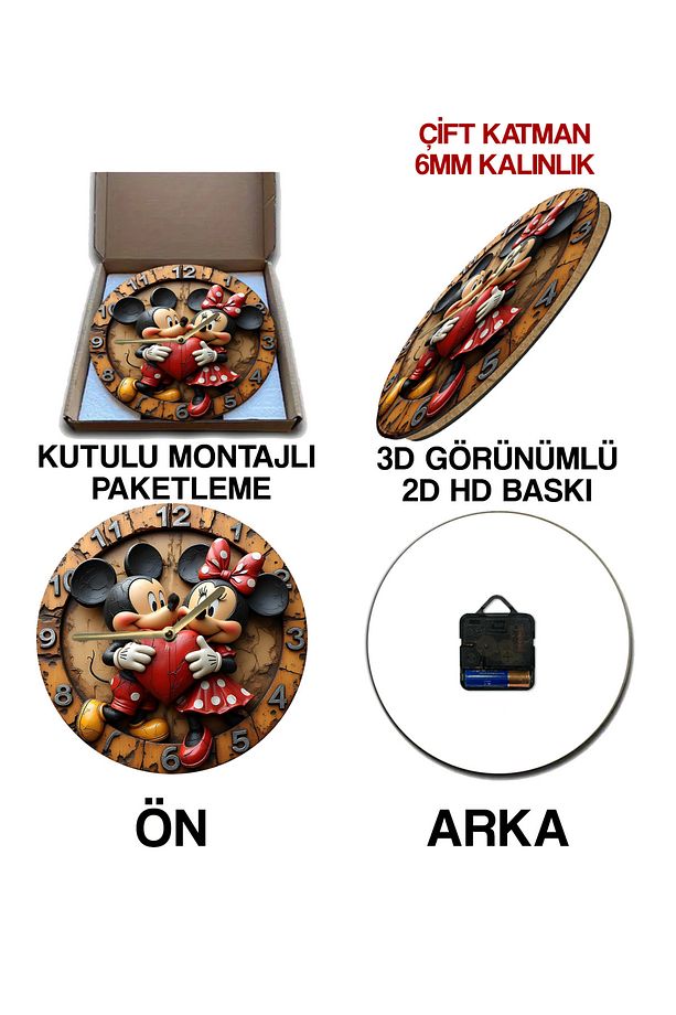 Mickey ve Minnie Temalı MDF Duvar Saati – 33 cm, 3D Görünümlü, 2D HD Baskı sdw232 - 7
