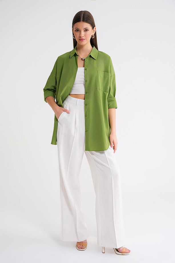 4053 Kadın Tek Cepli Oversize Basic Gömlek Yeşil - 2