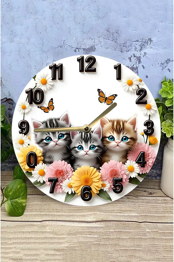 Sevimli Kedili MDF Duvar Saati – 3D Görünümlü, 2D HD Baskı, 33 cm 3D Görünümlü sdw231 - 4