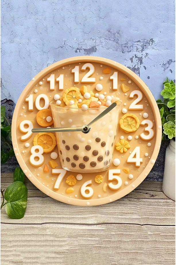 Zamanın Tadı – Bubble Tea Temalı Sessiz Yuvarlak Ahşap Duvar Saati, Kuvars Coffe Desen 2d Sdw2014 - 4