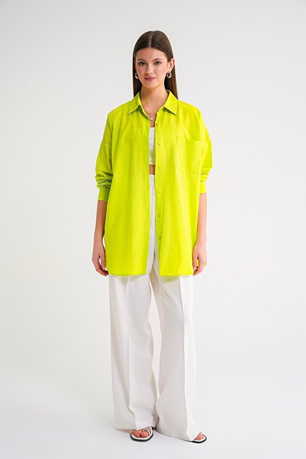 4053 Kadın Tek Cepli Oversize Basic Gömlek Olive - 2