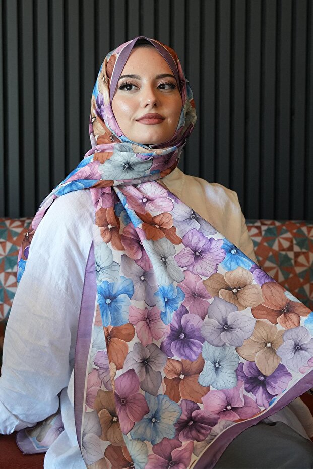 Hydrangea Flower Pattern Lavender Soft Cotton Shawl - 2