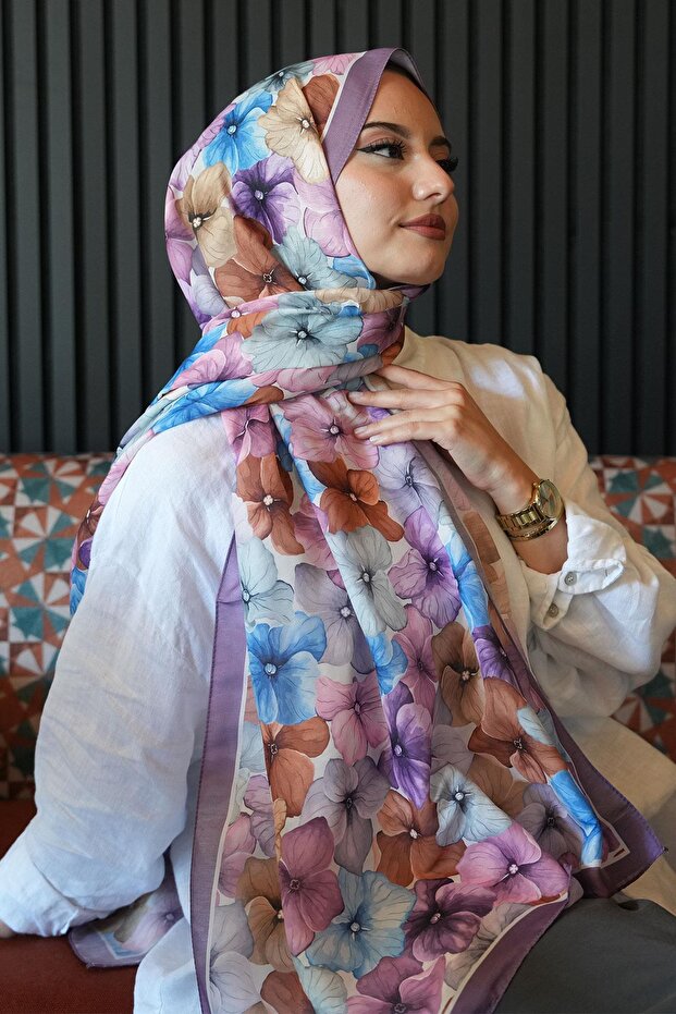 Hydrangea Flower Pattern Lavender Soft Cotton Shawl - 4