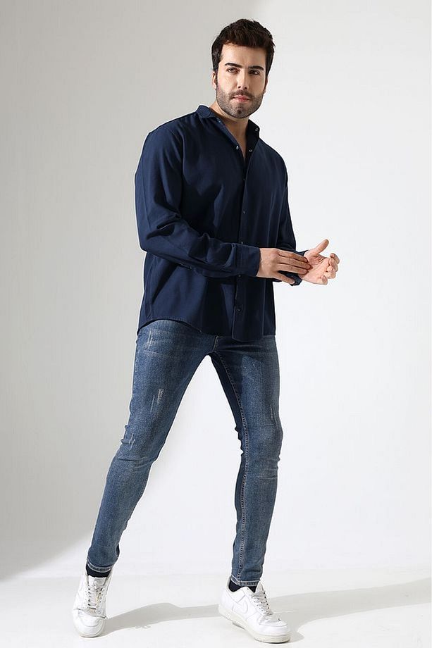 Erkek Gömlek Oversize Kalıp Gabardin Kumaş Çıt Çıt Bağlamalı Gömlek - 2