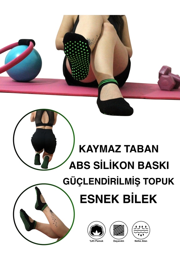 5 Çift Pamuklu Renkli Kaymaz Taban Silikon Baskılı Yoga Fitness Pilates Ve Aktivite Kadın Çorabı - 5