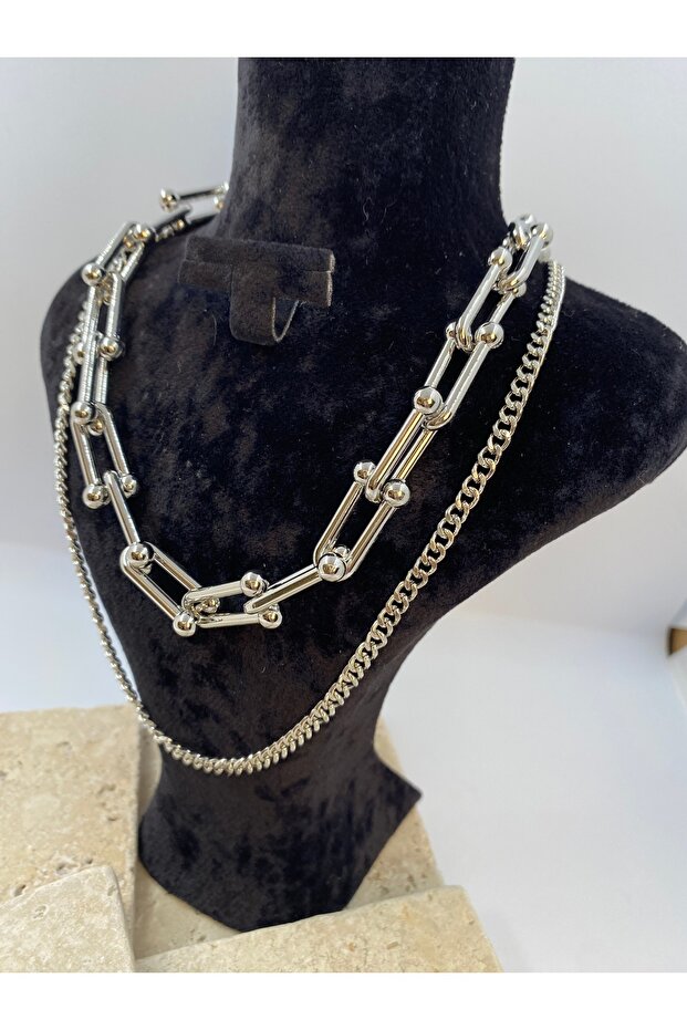 2 Silver Color Necklaces with Tif Chain
