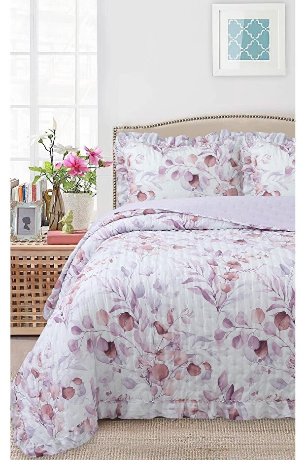 Ruffled Patterned Double Bedspread Set - 240x260 cm - With PVC Bag - Daily Use and Bridal Trousseau
