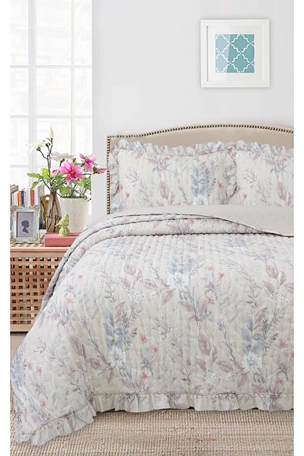 Ruffled Patterned Double Bedspread Set - 240x260 cm - With PVC Bag - Daily Use and Bridal Trousseau