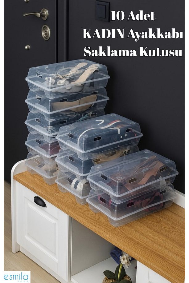 10 Adet Şeffaf Kadın Ayakkabı Saklama Kutusu Düzenleyici Organizer - Çocuk Ayakkabı Kutusu 10 Lu Set - 1