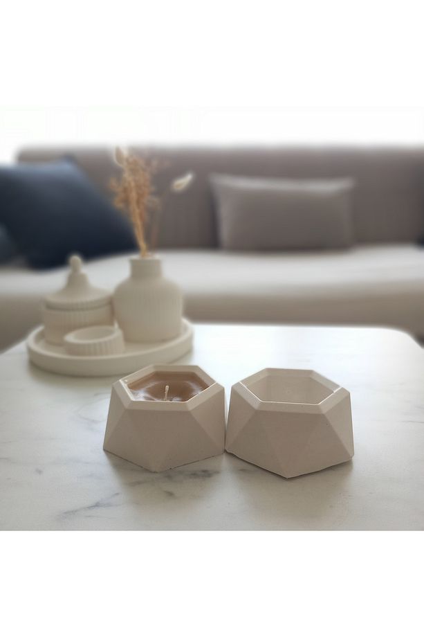 Geometrik Tasarımlı El Yapımı Alçı Biblo Ve Mumluk Seti – Modern Minimal Dekor - 3