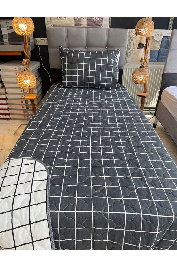 Gri Yıldız Desen Yastık Kılıflı Tek Kişilik 155*215 Çift Yönlü Çok Amaçlı Yatak Örtüsü - 3