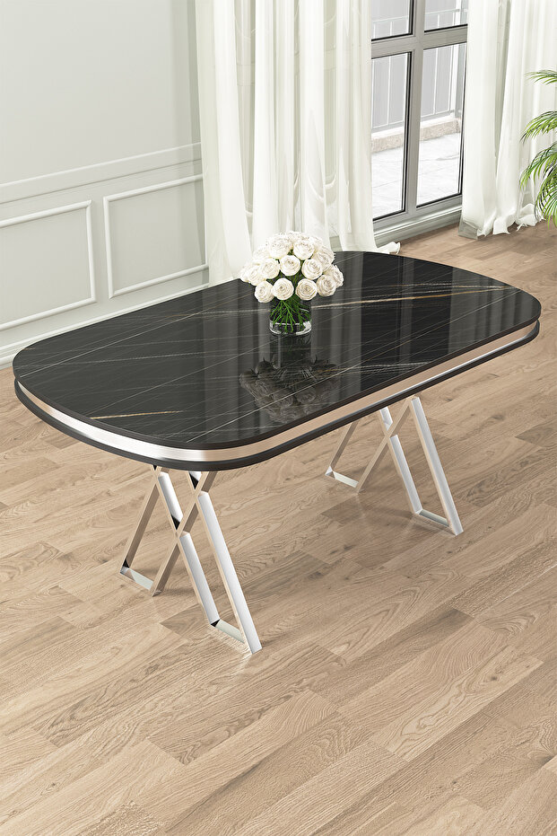 Lai Serisi 90x168 Lak Panel Sonata Masa ve 4 Siyah Sandalye Krom Kaplama Ayak - 2