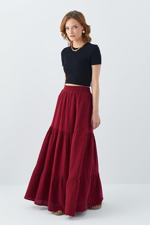 4567 Women's Ruffled Long Muslin Skirt Burgundy