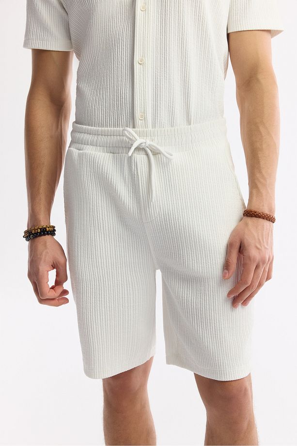 Erkek Ekru Regular Fit Beli Lastikli Bağcıklı Yandan Cepli Jakarlı Örme Şort A51y3617 - 4