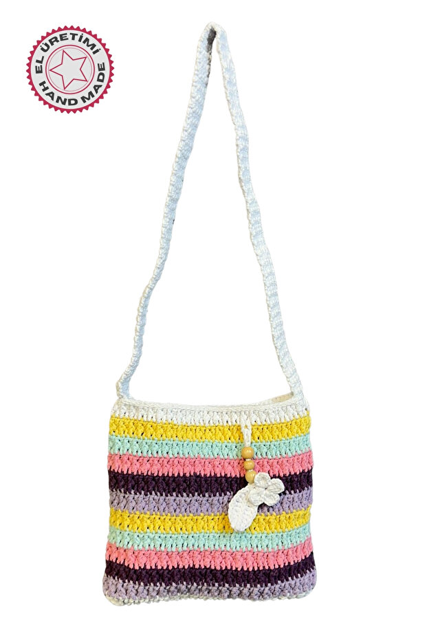 - Emine 9106 Hand Knitted Wooden Bead Detailed Colorful Striped Model Shoulder Bag