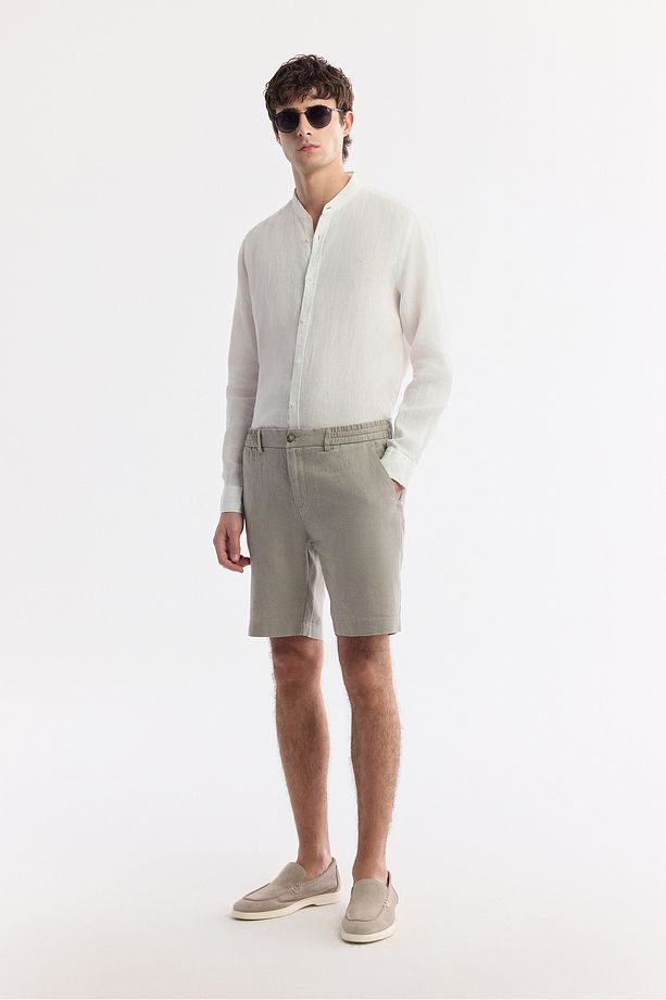 Erkek Gri Relaxed Fit Beli Lastikli %100 Keten Assos Şort B003732 - 7