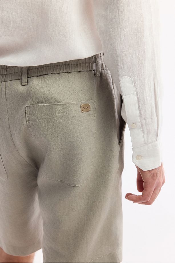 Erkek Gri Relaxed Fit Beli Lastikli %100 Keten Assos Şort B003732 - 5