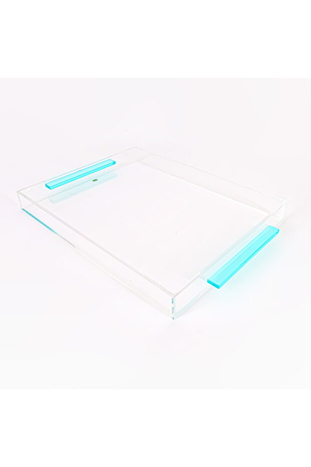 Luxury Clear Acrylic Square Serving Tray With Handle, Sky Blue, 44 X 30 X 4 Cm - For Desserts