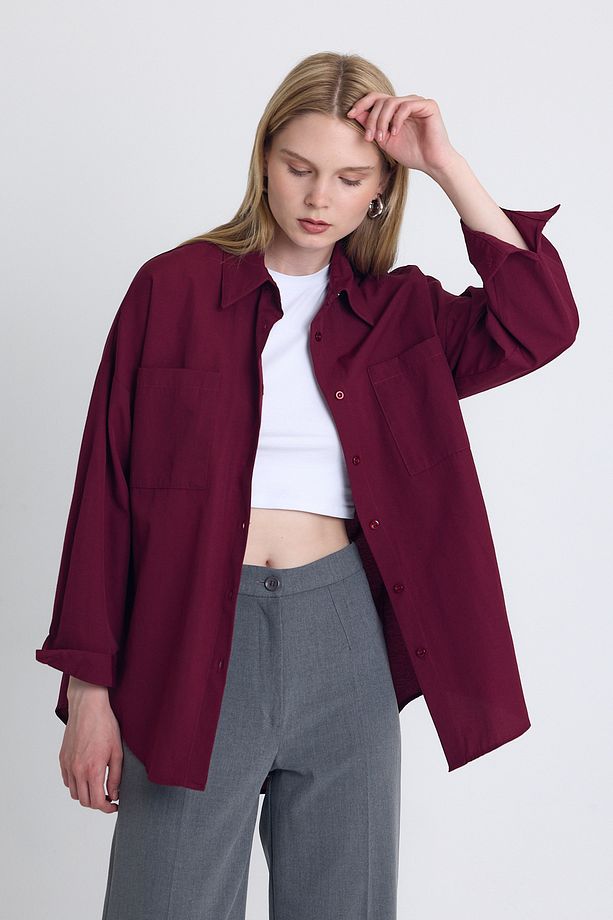 Bordo Çift Cepli Oversize Uzun Basic Gömlek Tcr 6256a - 2