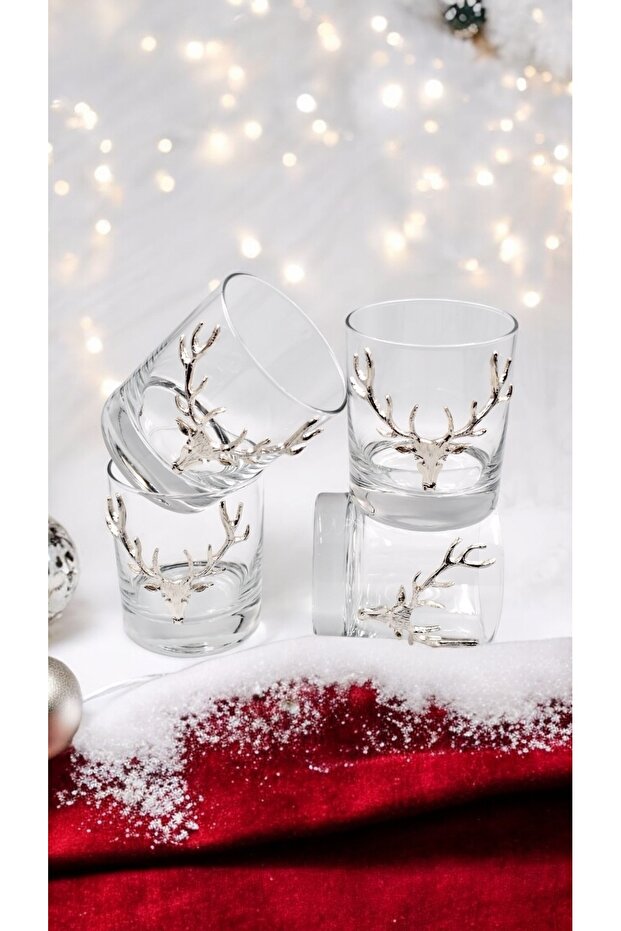 Silver Whiskey Glass Set of 4 with Deer Figure / Figured Glass