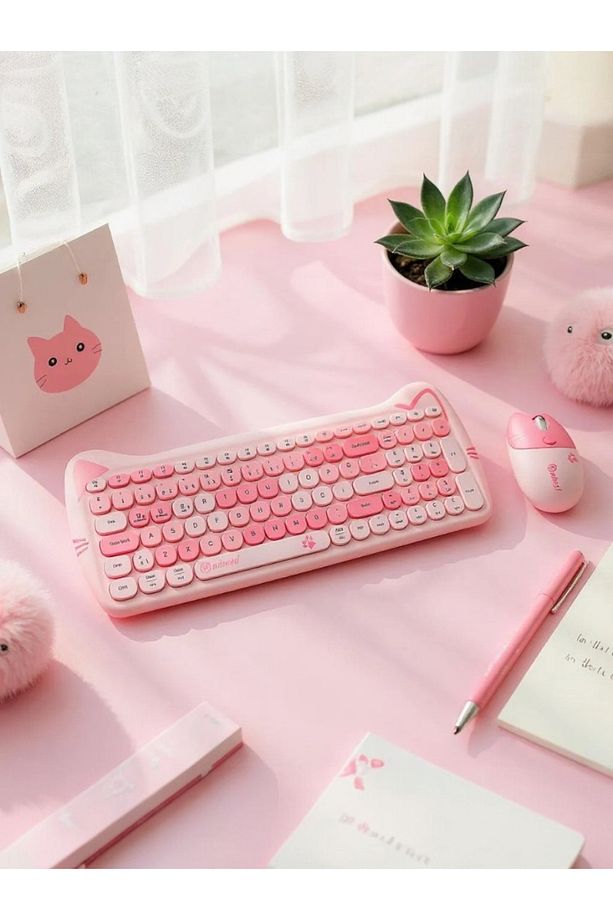 Sevimli Kedi Kablosuz Klavye ve Mouse Seti Bluetooth + 2.4G Dual Mode - 3