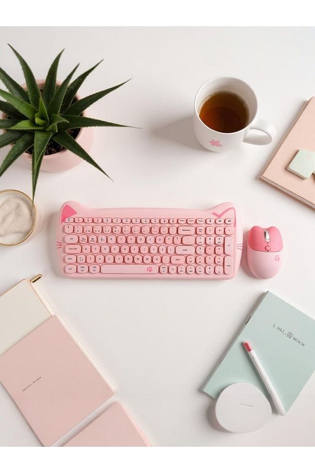 Sevimli Kedi Kablosuz Klavye ve Mouse Seti Bluetooth + 2.4G Dual Mode - 7