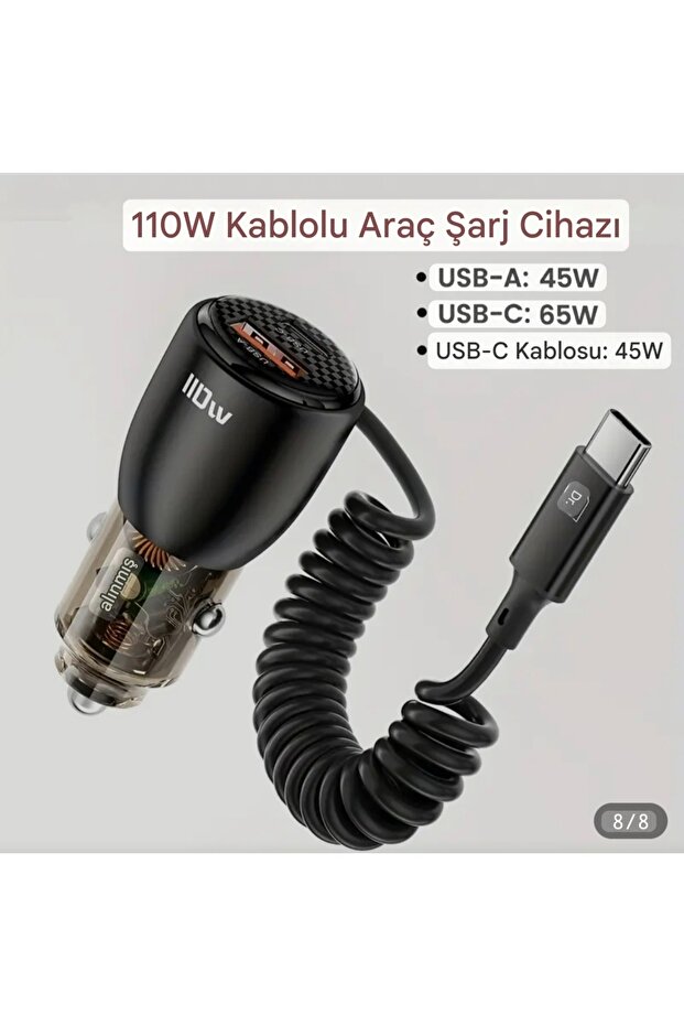 Toocki 110W Yaylı Şarj Kablolu 3 Girişli Type-C ve Usb Hızlı CE Lisanslı Orjinal Sağlam Araç Şarj - 4