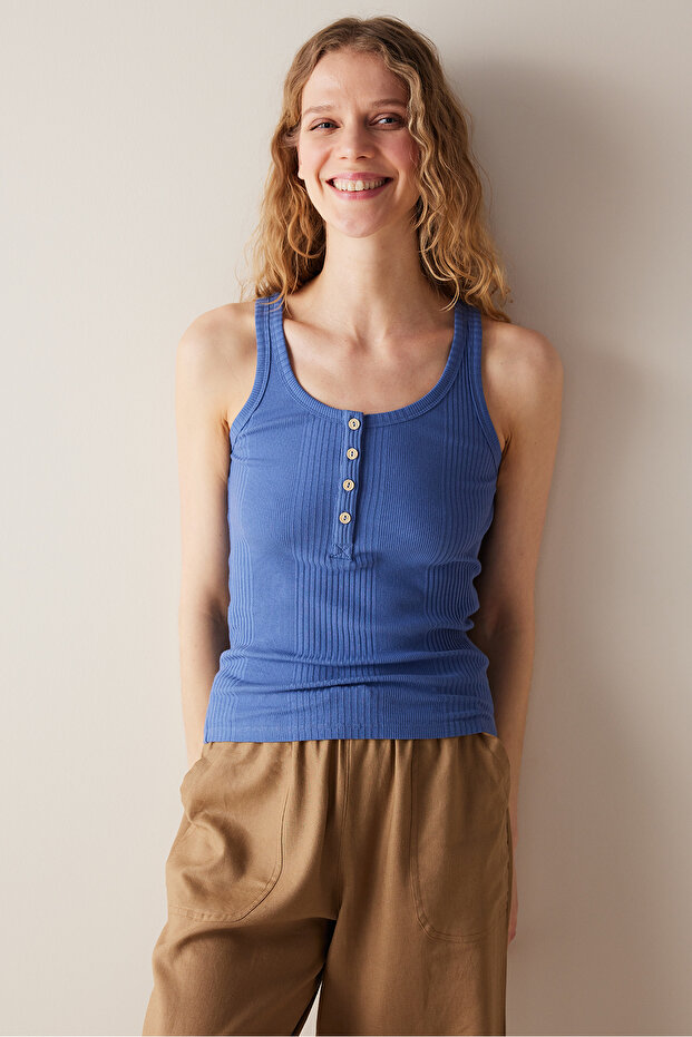 Button Detailed Buttoned Blue Top - 2