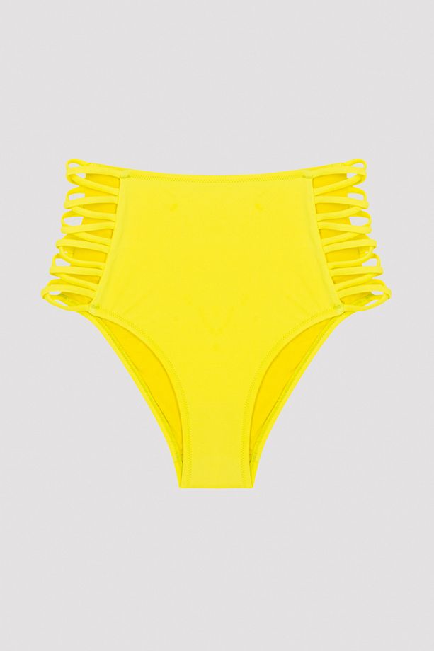 Basic Yüksek Bel İp Detaylı Sarı Bikini Altı - 3
