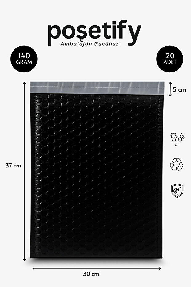 Balonlu Siyah Kargo Poşeti 30x37+5 cm | 140 gr Bantlı Patpatlı Kargo Poşeti | 20’li E-Ticaret Poşeti - 1