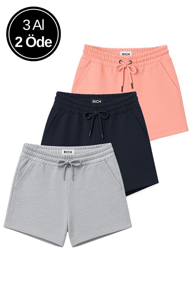 Women's 3-Pack Pink-Navy-Gray Relaxed Fit Soft Fabric Elastic-Waist Summer Pocketed Mini Shorts
