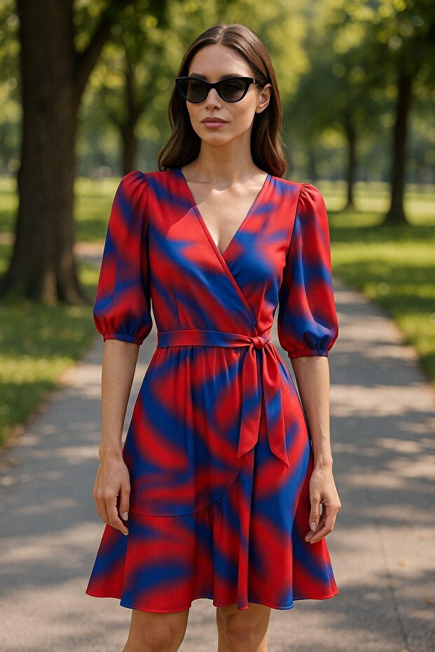 Women's Elegant Purple-Red Color Geometric Pattern Midi Dress