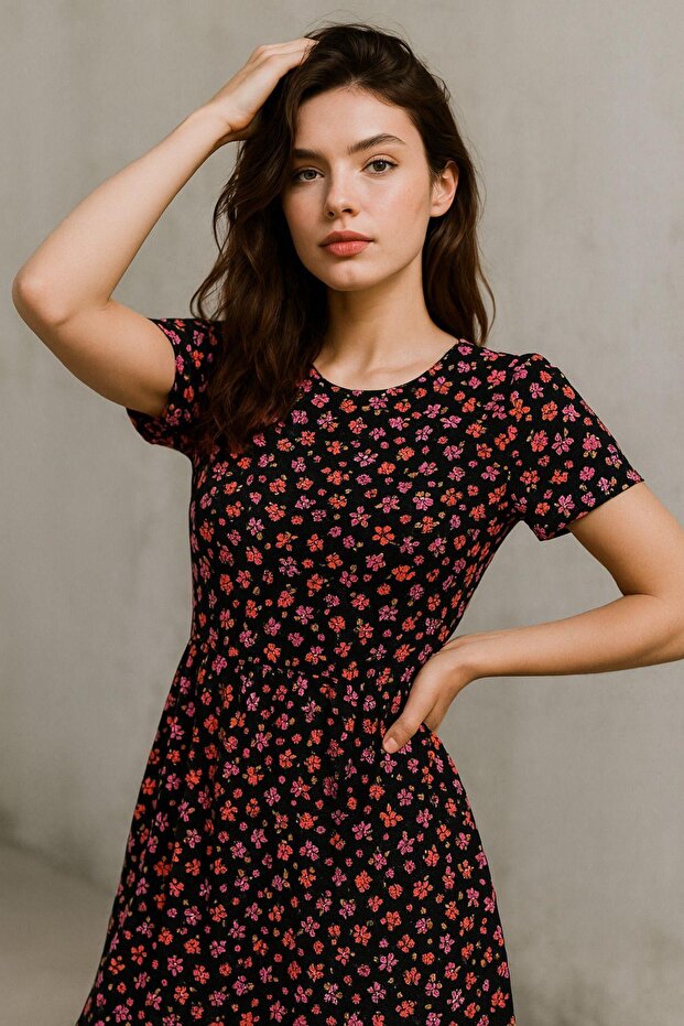 Rochie mini cu model roz pentru damă - 1