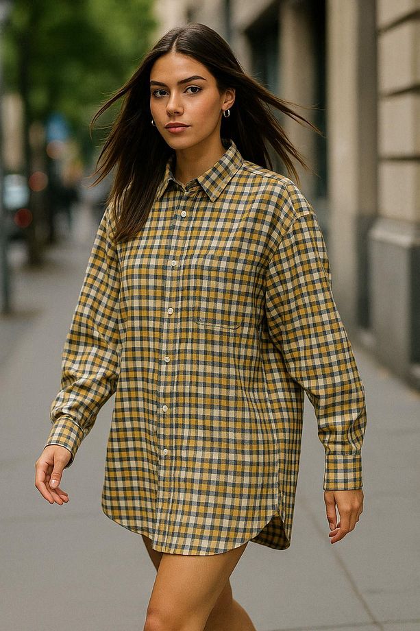 Kadın Sarı Oversize Ekoseli Gömlek Over Fit Relaxed Kareli Gömlek - 2