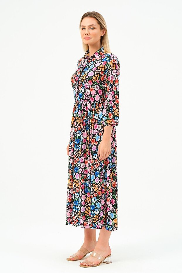 Rochie lungă, solidă, cu mânecă lungă, guler, cu nasturi - 2