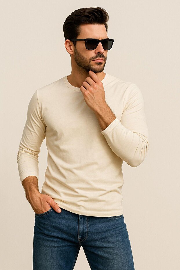 Men's Crew Neck Beige Body 100% Cotton Long Sleeve T-Shirt Men's Plain T-Shirt