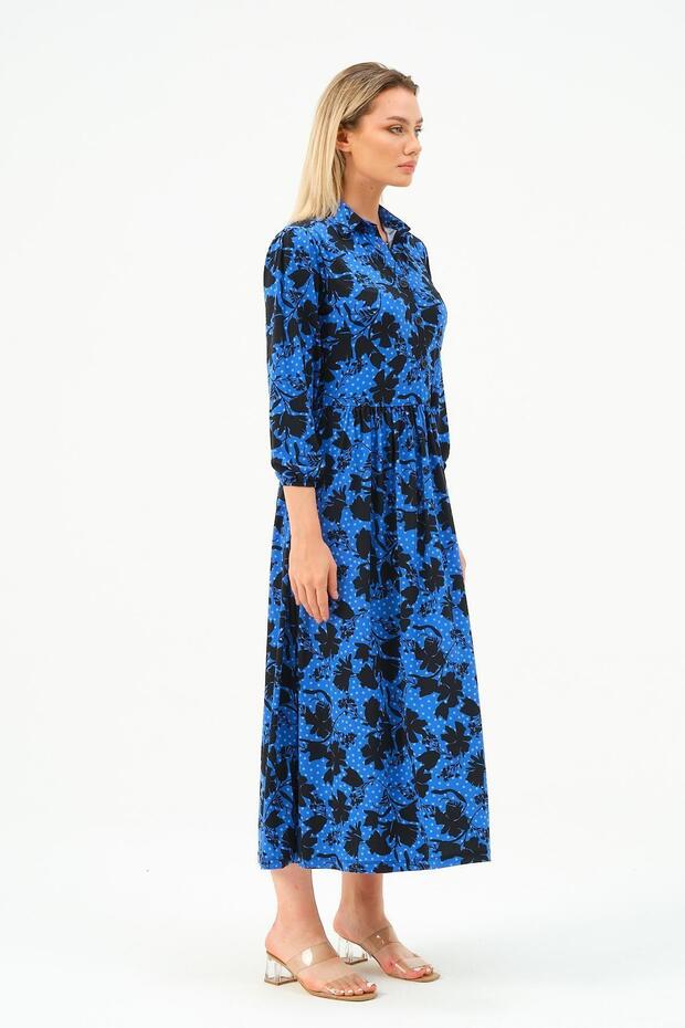 Rochie lungă, solidă, cu mânecă lungă, guler, cu nasturi - 4