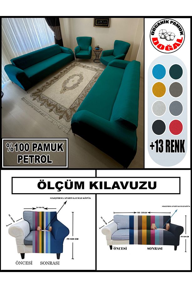 Pamuklu Fransız Kumaş 2 Adet Üçlü Çekyat-2 Adet Tekli Koltuk Kılıfı Seti, - 1