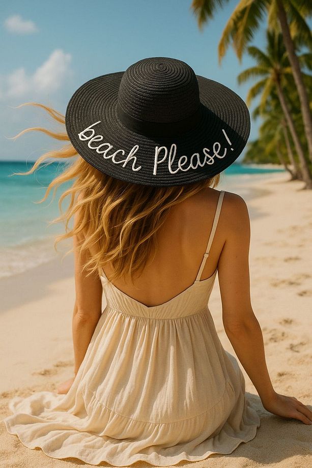 14232-9 Beach Please Yazılı Siyah Hasır Kloş Şapka - 3