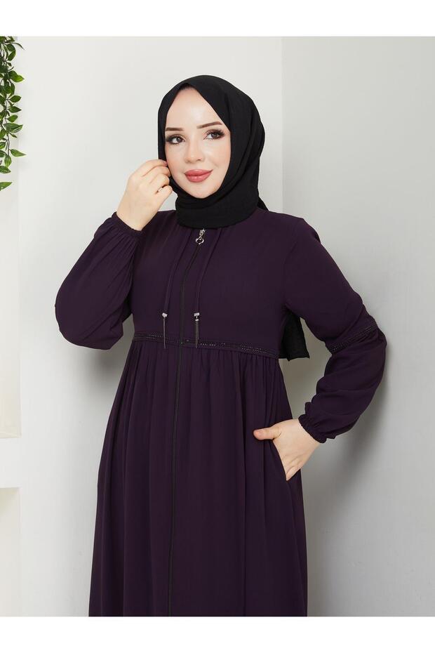 Casual Hajj and Umrah Ferace with Drawstring Sleeves and Waist and Stone Detail