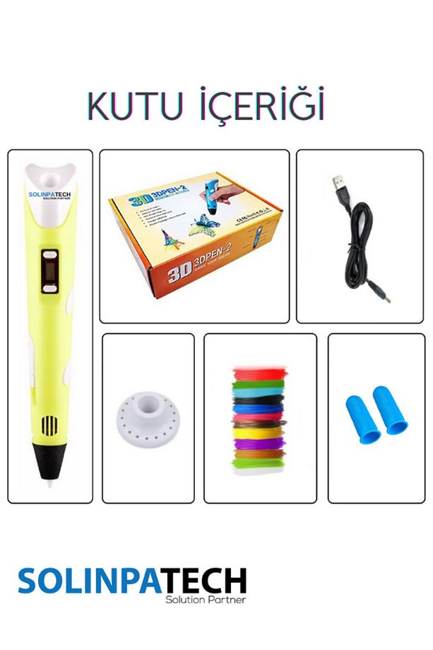 3D Pen Üç Boyutlu Yazıcı Kalem Printer-Sarı (10 ADET 5 METRE FİLAMENT-50METRE-VE USB KABLO DAHİL) - 2